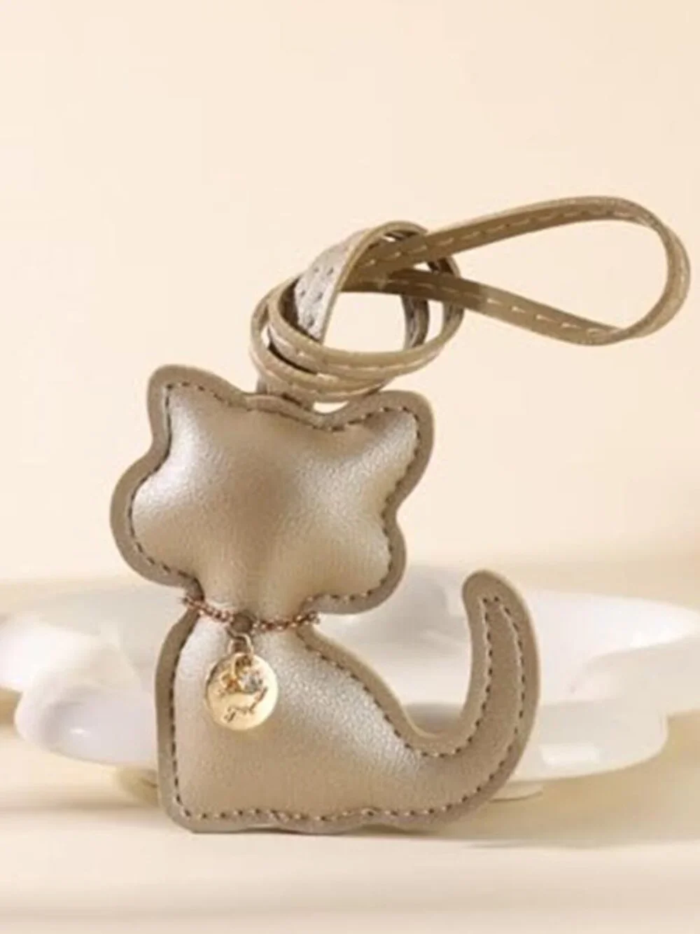 Gold Cat Vegan Leather Bag Charm Rhinestone Purse Keychain Handbag Accessory